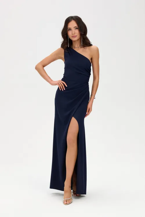 Selisse - Asymmetrisches Maxikleid mit Raffungen und Beinschlitz in Marine
