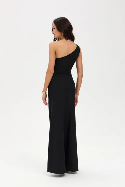 Selisse - Asymmetrisches Maxikleid mit Raffungen und Beinschlitz in Schwarz