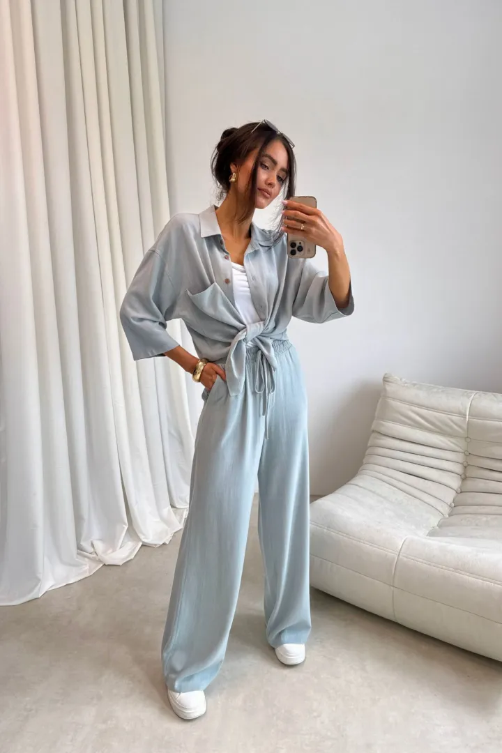 Malmo - szerokie spodnie z gumką w pasie i wiązaniem miętowe| Roco Fashion