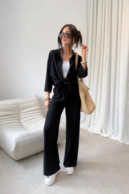Malmo - szerokie spodnie z gumką w pasie i wiązaniem czarne| Roco Fashion