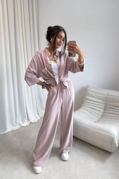 Malmo – Weite Hose mit Bindegürtel und elastischem Bund in Rosa | Roco Fashion