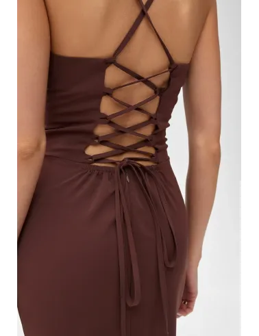 Aria – dunkelbraunes Midikleid mit Schnürung am Rücken | Roco Fashion