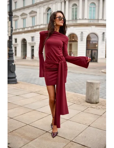 Nevira – bordeaux Minikleid mit Drapierung und Bindeschleife | Roco Fashion