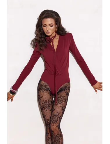 Diana – bordowe body z kopertowym dekoltem i różą | Roco Fashion