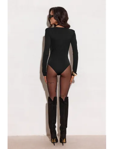 Diana – eleganckie czarne body z kopertowym dekoltem i wiązaną różą | Roco Fashion