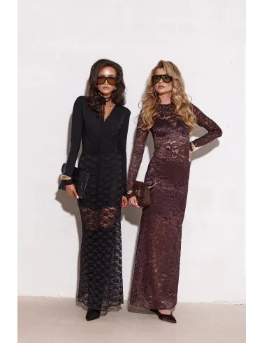 Velisse – koronkowe body z długim rękawem w ciemnym brązie | Roco Fashion