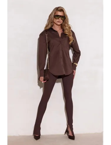 Livia – taillierte Long-Bluse mit Bindegürtel in Braun | Roco Fashion