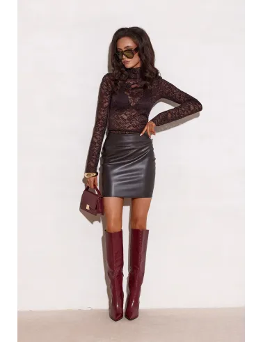 Selene – transparenter Spitzenrollkragen mit langen Ärmeln in Dunkelbraun | Roco Fashion