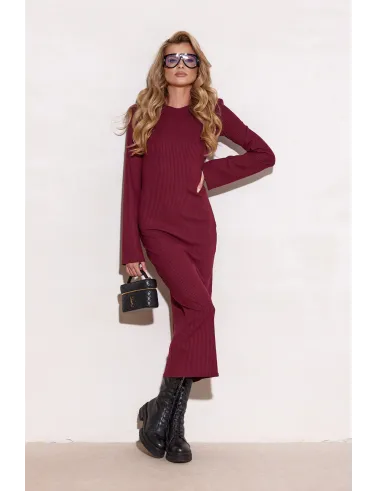 Vera - geripptes Midi-Kleid mit langen Ärmeln in Burgunderrot | Roco Fashion
