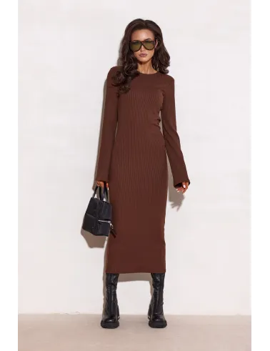 Vera - geripptes braunes Midi-Kleid mit langen Ärmeln | Roco Fashion