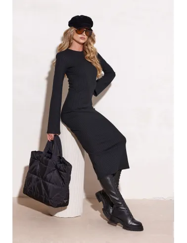 Vera - geripptes schwarzes Midi-Kleid mit langen Ärmeln | Roco Fashion