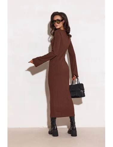 Vera - prążkowana brązowa sukienka midi z długim rękawem | Roco Fashion