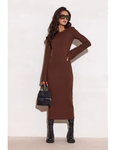 Vera - geripptes braunes Midi-Kleid mit langen Ärmeln | Roco Fashion