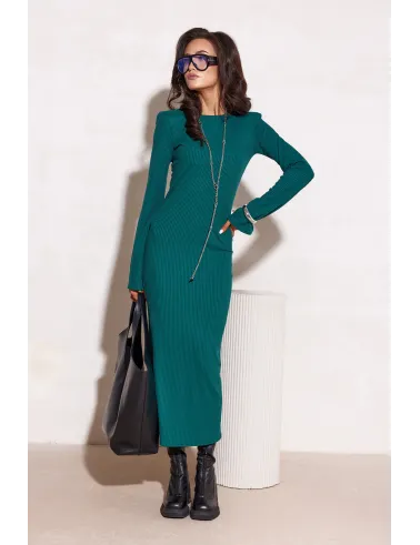 Vera – prążkowana zielona sukienka midi z długim rękawem | Roco Fashion