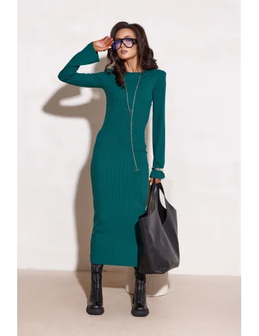 Vera – prążkowana zielona sukienka midi z długim rękawem | Roco Fashion