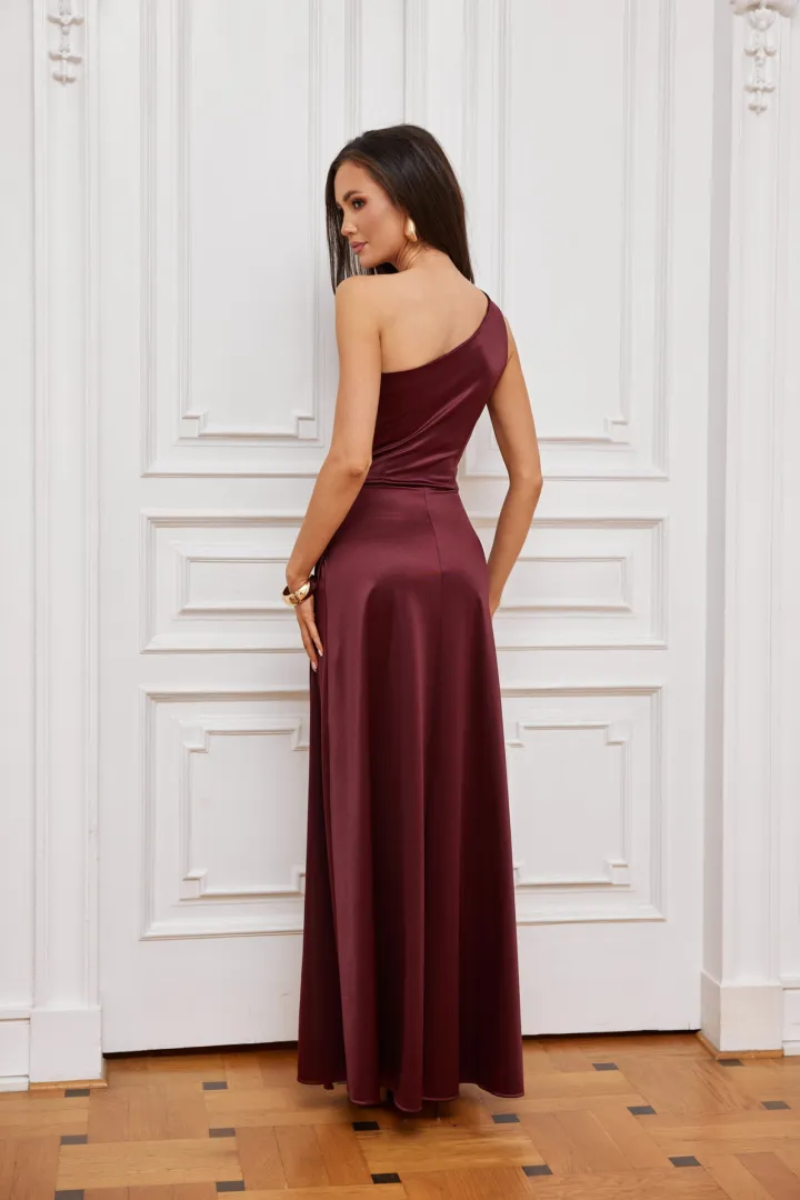 Inez - elegantes One-Shoulder Maxikleid mit Schlitz in Burgunderrot