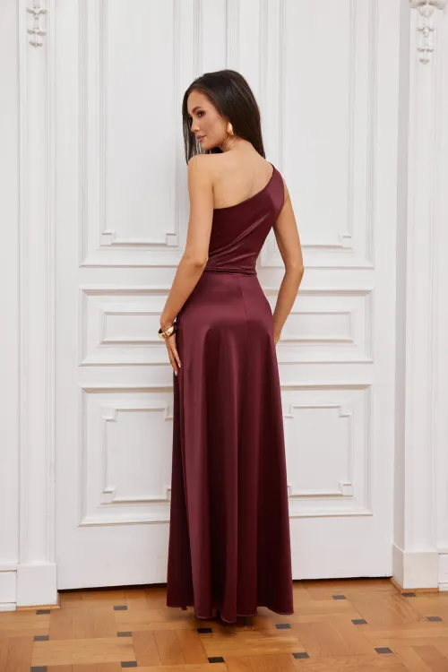 Inez - elegantes One-Shoulder Maxikleid mit Schlitz in Burgunderrot