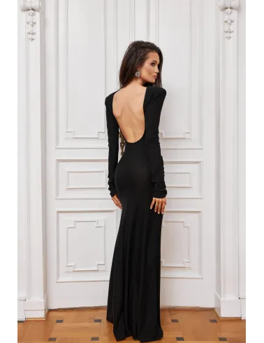 Elina - długa czarna sukienka z odkrytymi plecami i rozcięciem | Roco Fashion