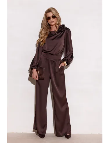 Elsa – elegante Wide-Leg Hose mit edlem Satin-Finish in Dunkelbraun | Roco Fashion