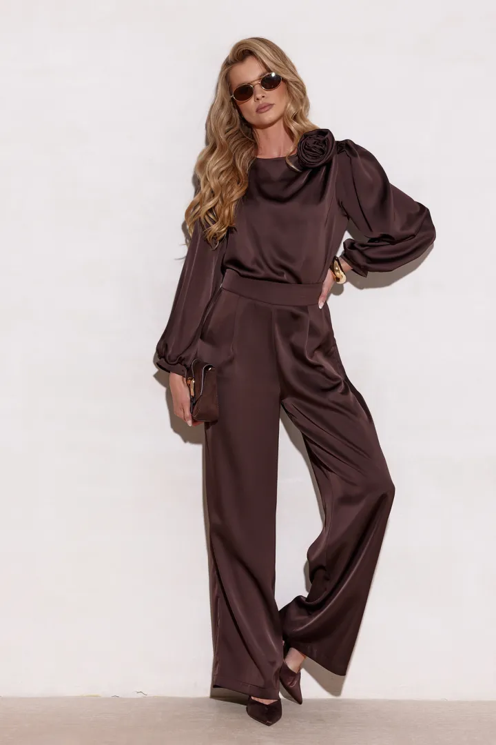 Elsa - elegante Wide-Leg Hose mit edlem Satin-Finish in dunkel Braun